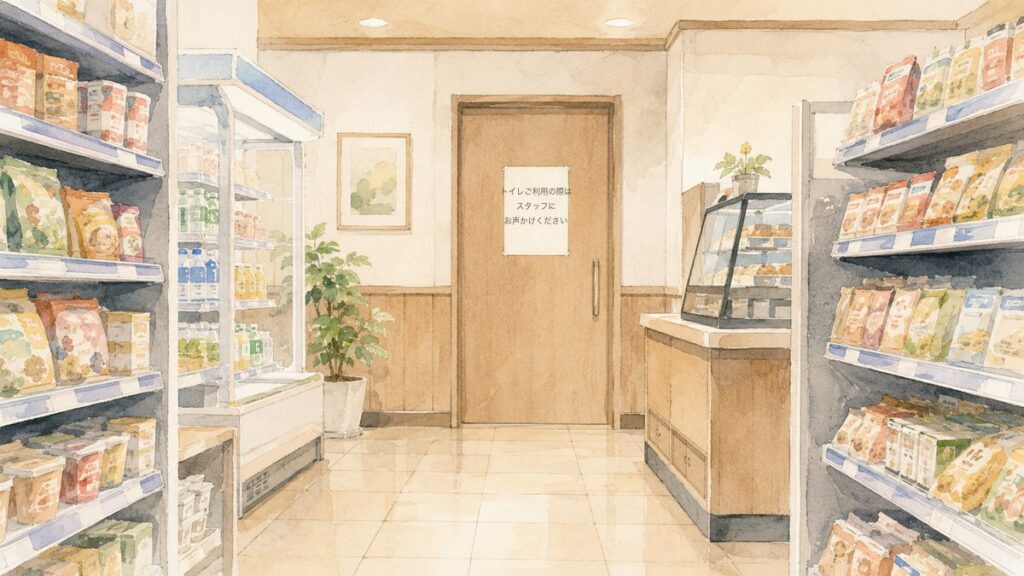 Watercolor illustration of a restroom door inside a Japanese convenience store with a sign asking customers to tell the staff before use