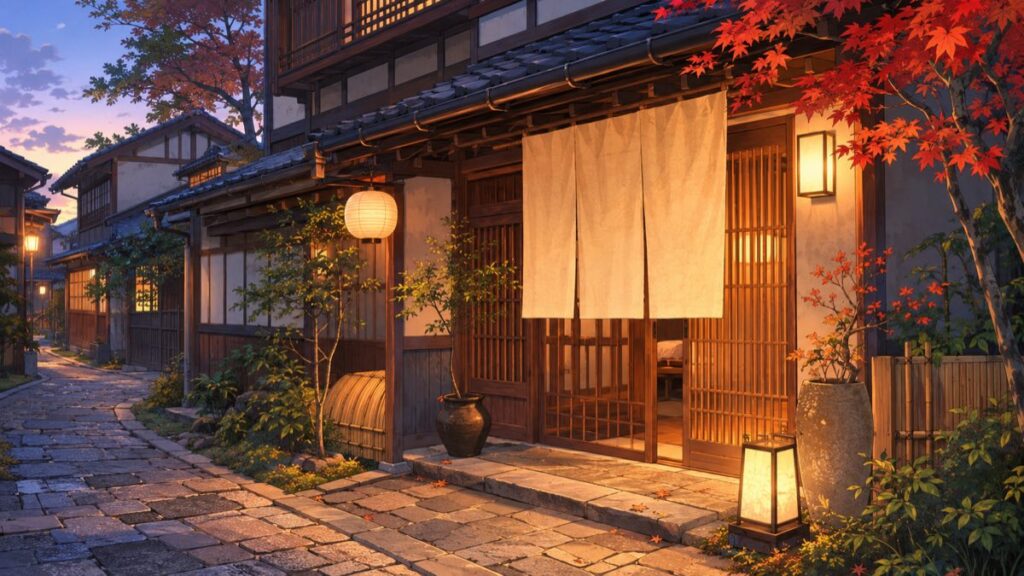 Anime-style illustration of a traditional Kyoto machiya inn with a wooden lattice front and warm lantern light