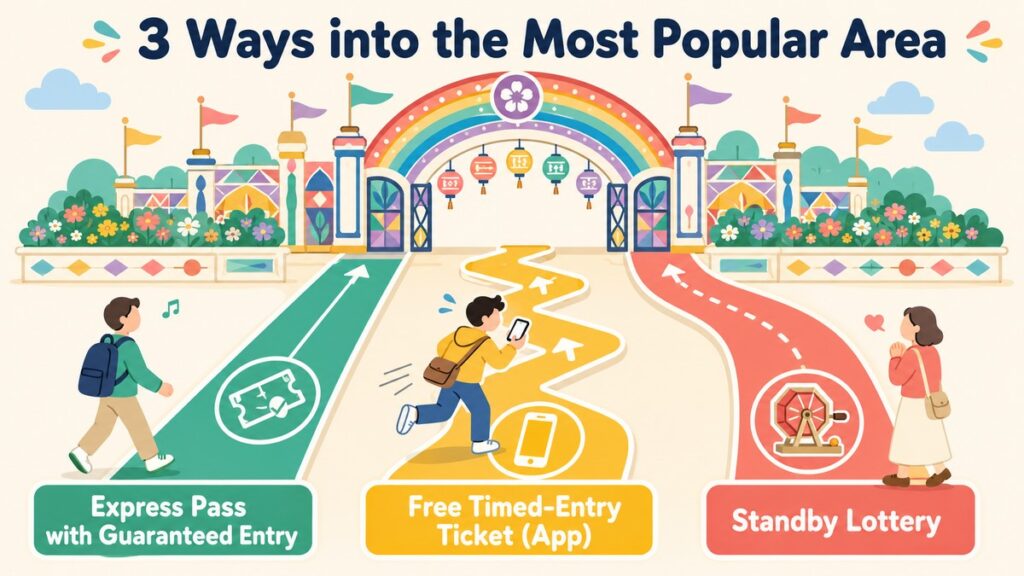 Infographic showing three ways to enter Super Nintendo World: guaranteed Express Pass entry, free timed-entry ticket, and standby lottery