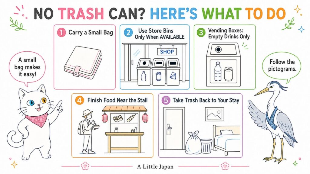 Infographic summarizing five tips for handling trash in Japan when no trash can is available