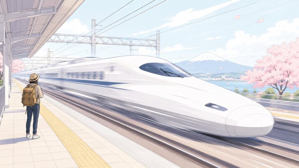 Nozomi Shinkansen passing through a station at high speed with Mt. Fuji in the background