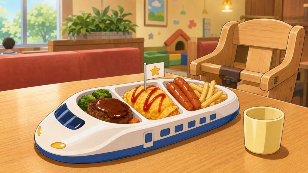 Okosama lunch kids meal on a shinkansen-shaped plate at a Japanese family restaurant