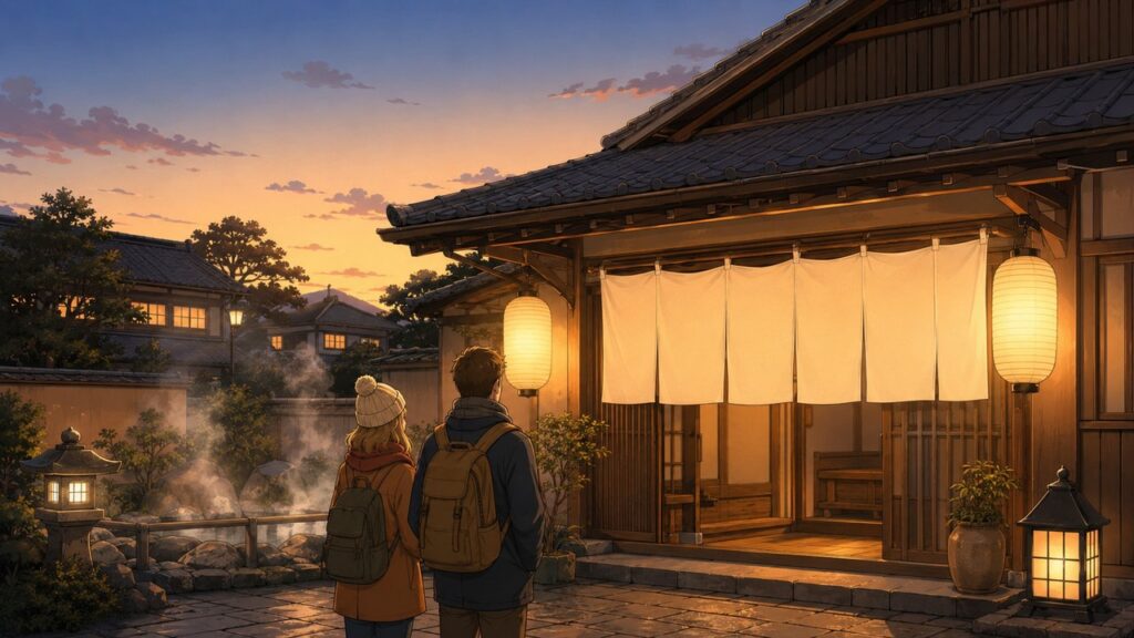 Japanese onsen guide - travelers at a bathhouse entrance in Japan