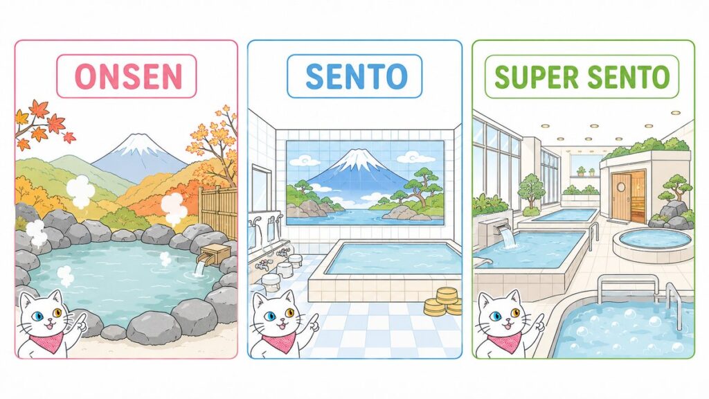 Comparison of onsen, sento and super sento bath types in Japan