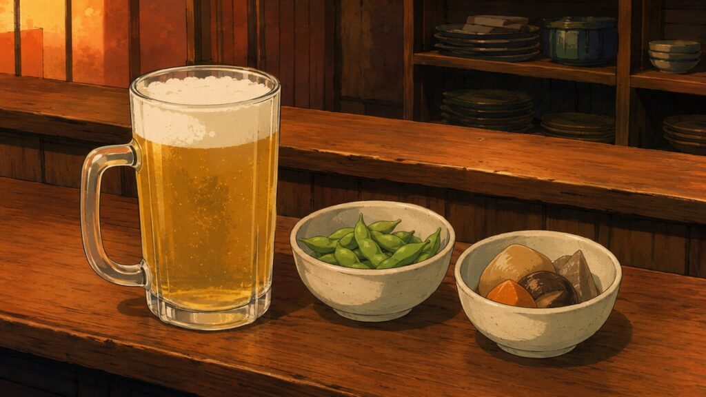 Otoshi appetizer served with a drink at a Japanese izakaya
