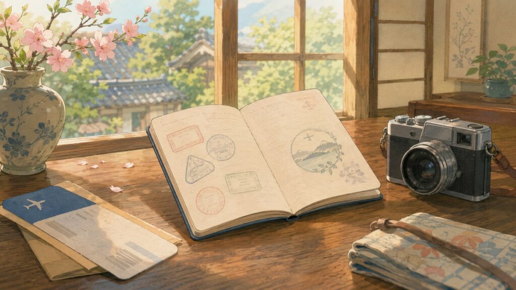 Anime-style illustration of a passport with stamps, a boarding pass, and a camera on a desk