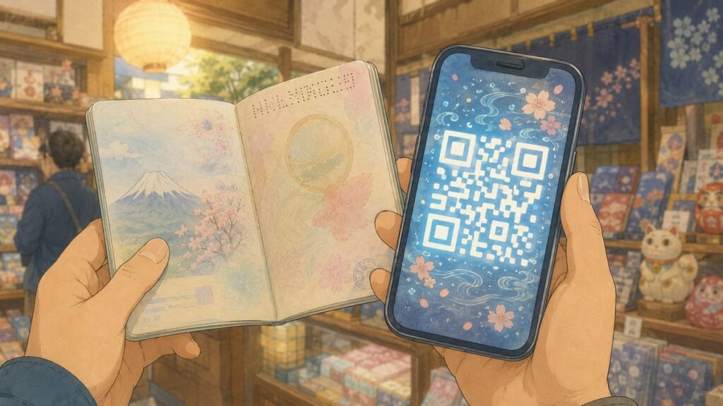 Passport and a smartphone showing a Visit Japan Web tax-free QR code in a souvenir shop