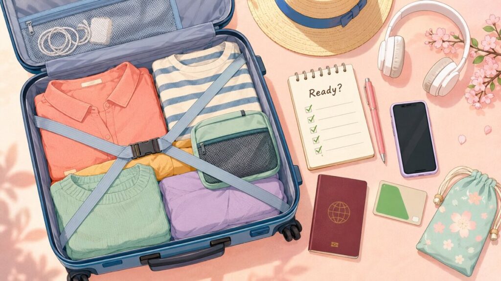 Anime-style flat-lay illustration of trip essentials — an open suitcase, passport, phone, IC card, and a checklist — ready for a Japan trip