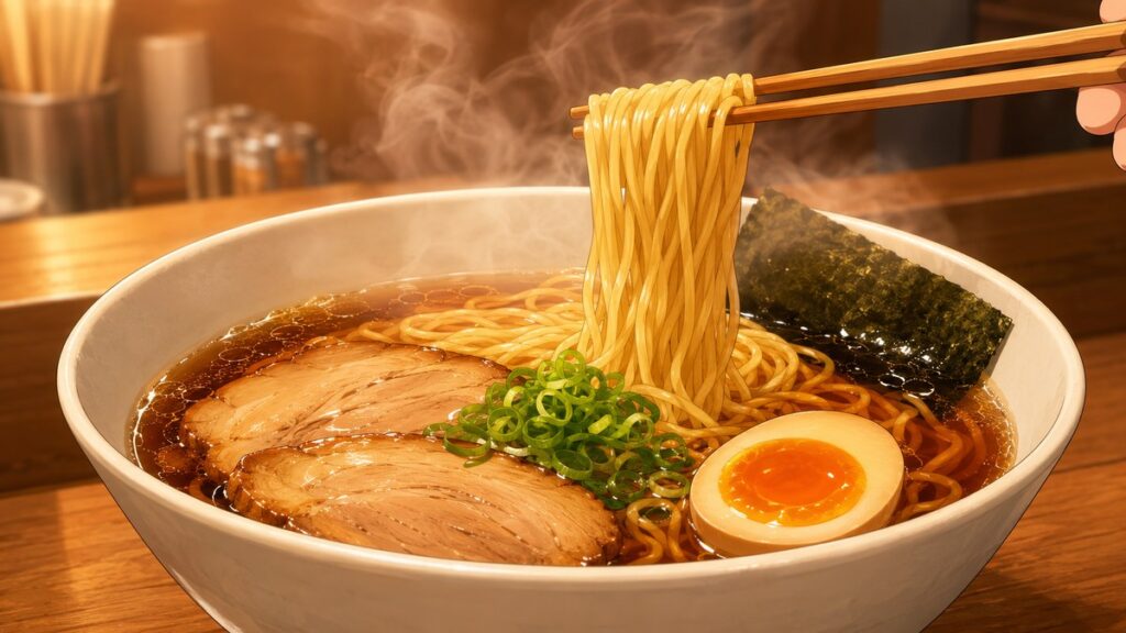 Steaming bowl of ramen with noodles lifted by chopsticks