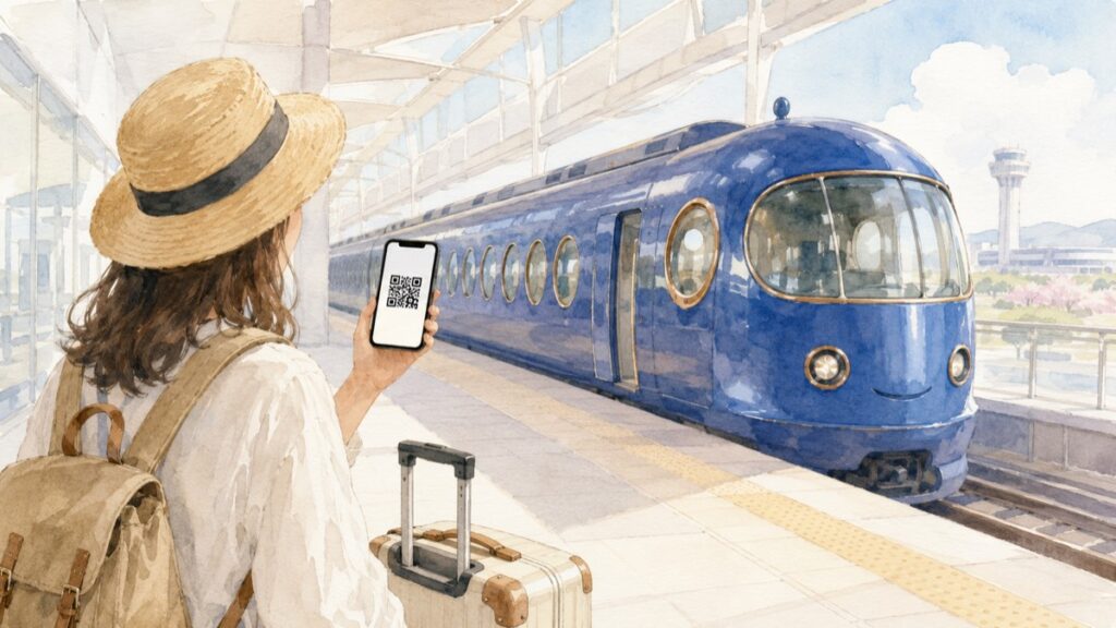 Watercolor illustration of a traveler holding a QR code e-ticket in front of the blue Rapi:t train