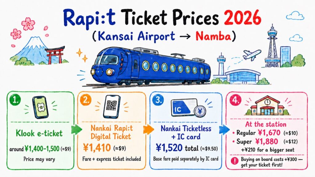 Price chart of Rapi:t ticket options in 2026 from Kansai Airport to Namba