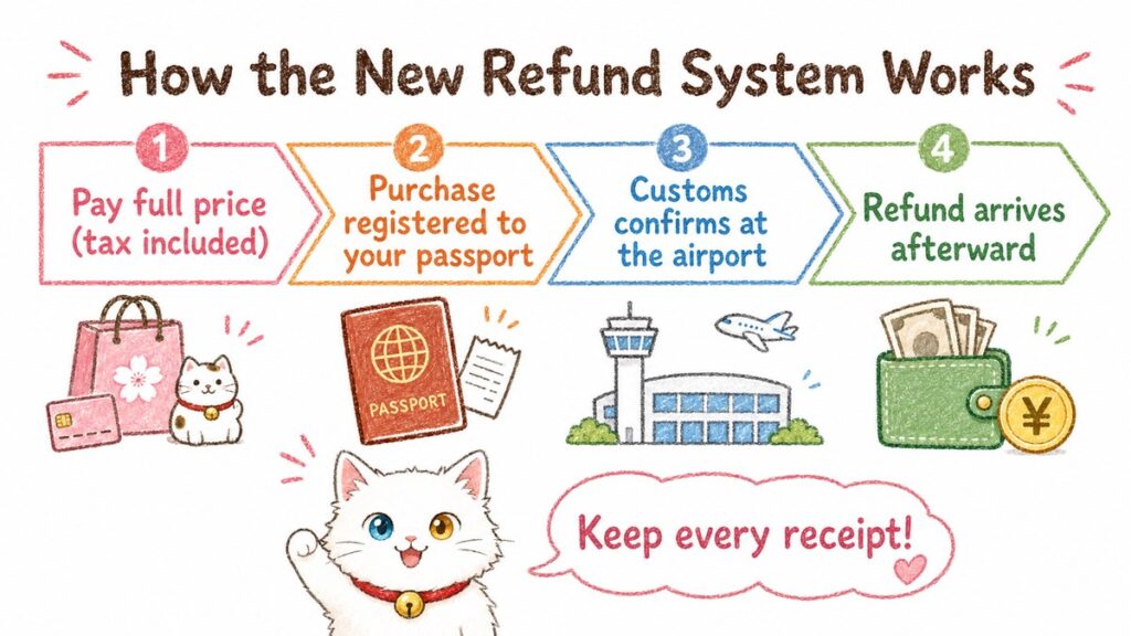Four-step diagram of Japan's new tax refund system starting November 2026