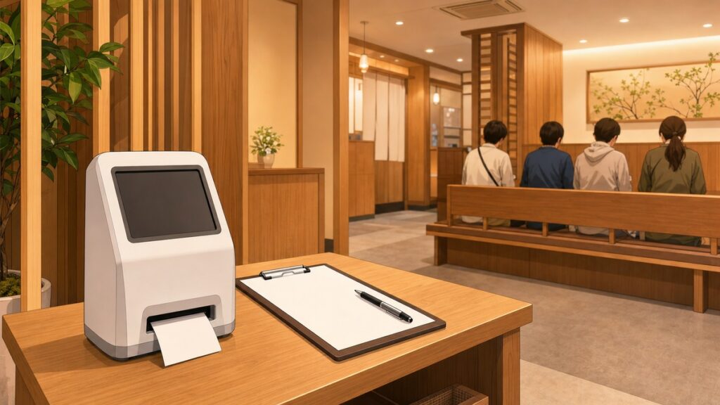 Restaurant entrance in Japan with numbered ticket machine and waiting list