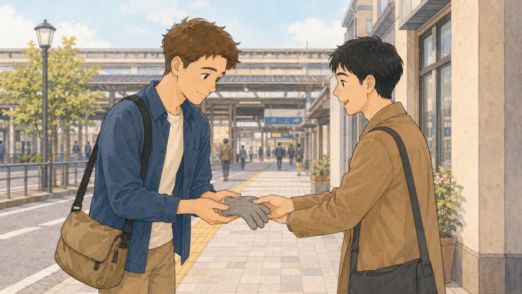 Person returning a dropped item to a traveler in Japan