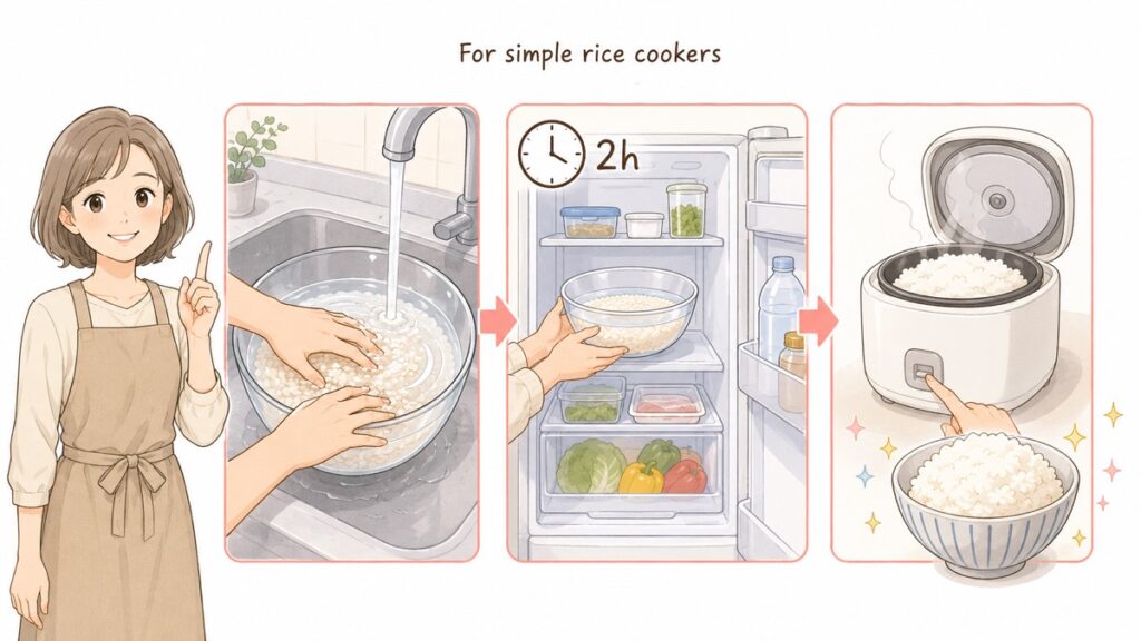 Rice soaking in water inside a bowl, placed in the refrigerator before cooking