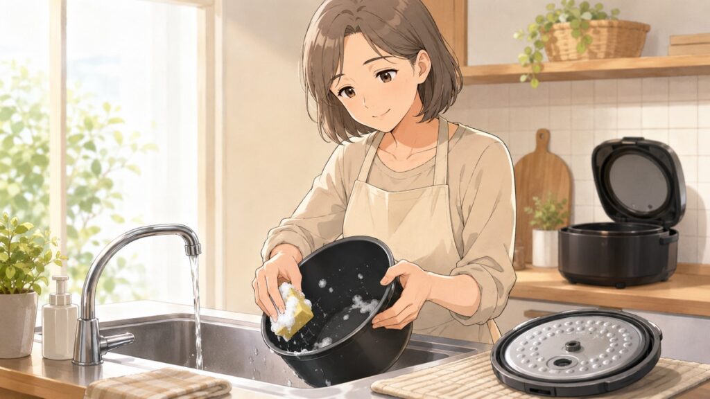 Washing the inner pan and inner lid of a rice cooker at the kitchen sink