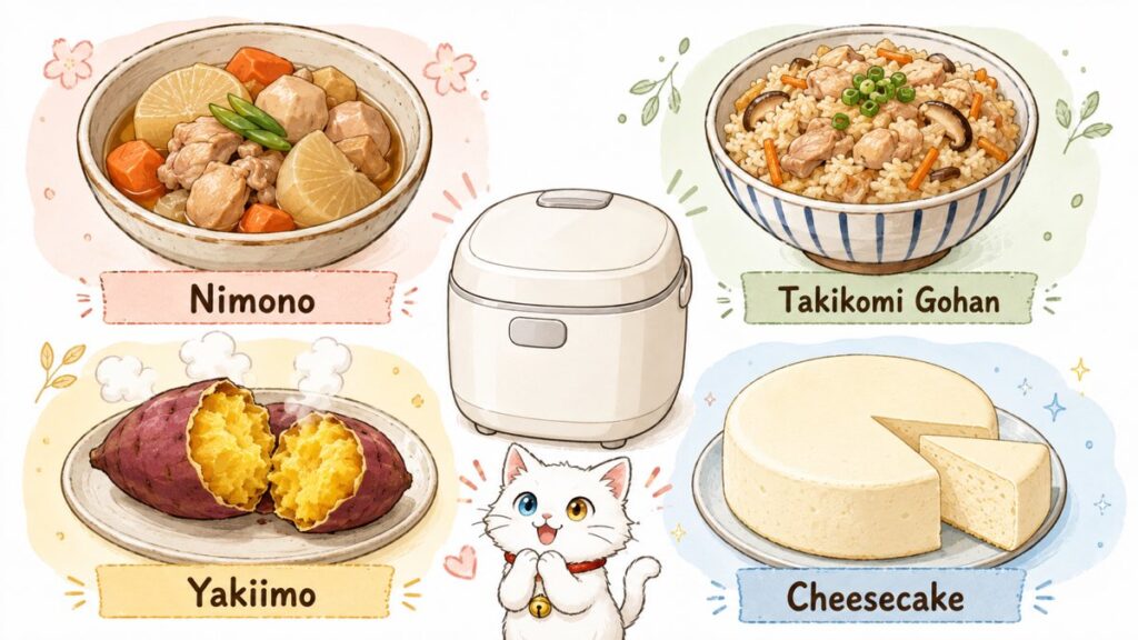 Four dishes made in a Japanese rice cooker: simmered vegetables, mixed rice, roasted sweet potato, and cheesecake