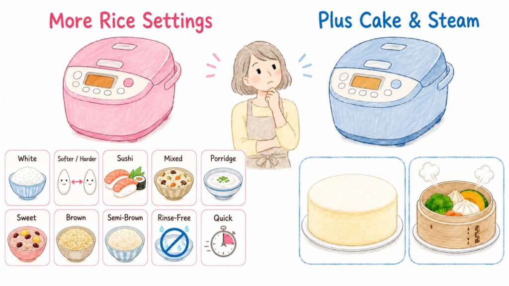 Diagram comparing the menu settings of two Japanese rice cooker models