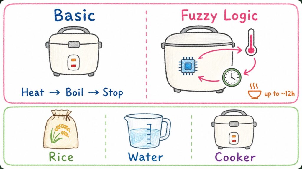 Diagram showing what decides rice texture: the rice, the water, and the cooker
