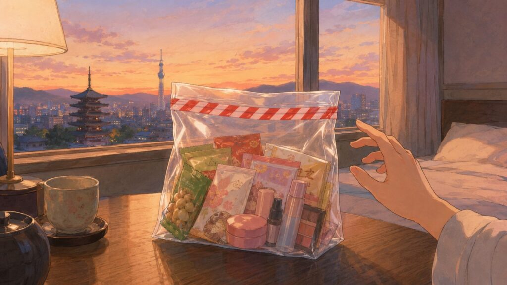Tax-free consumables sealed in a special plastic bag on a hotel room table