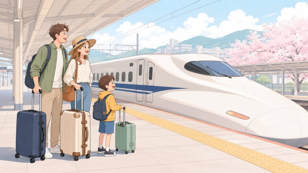 A family of travelers with suitcases waiting on a Shinkansen platform in Japan