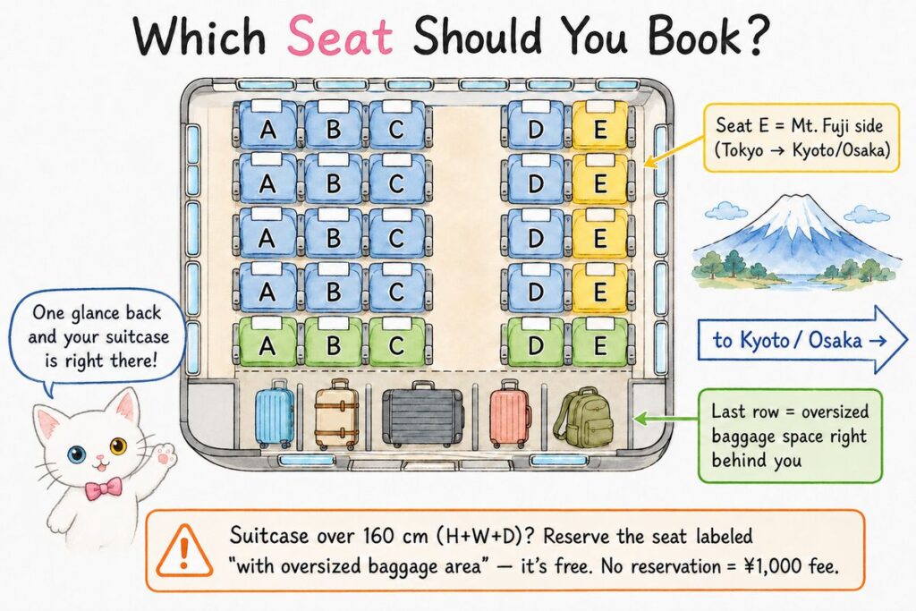 Shinkansen seat map showing seat E on the Mt. Fuji side and last-row seats with oversized baggage space behind them