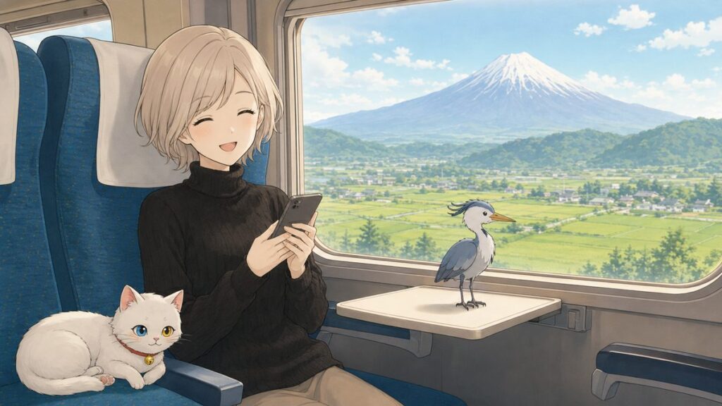 View of Mount Fuji and rice fields from a shinkansen window seat