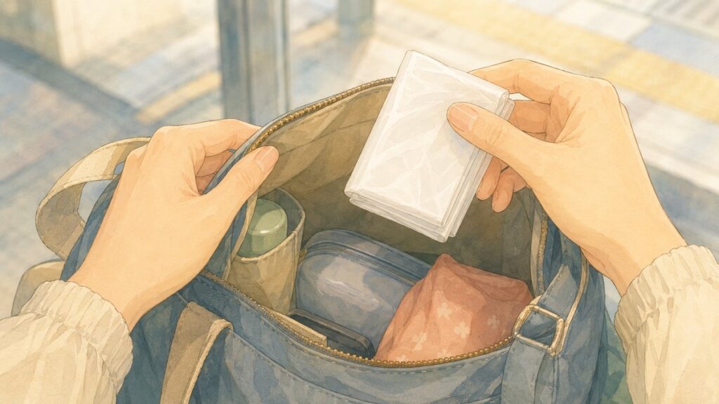 Hands taking a small folded plastic bag out of a bag, a Japanese habit for carrying trash