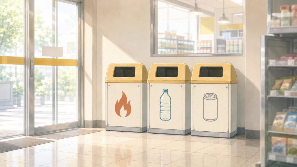 Sorted trash bins inside a Japanese convenience store for burnable waste, plastic bottles, and cans