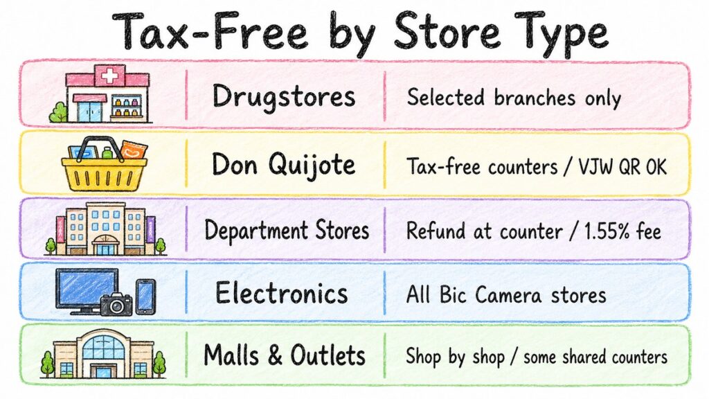 Chart of tax-free procedures at drugstores, Don Quijote, department stores, electronics stores, and malls