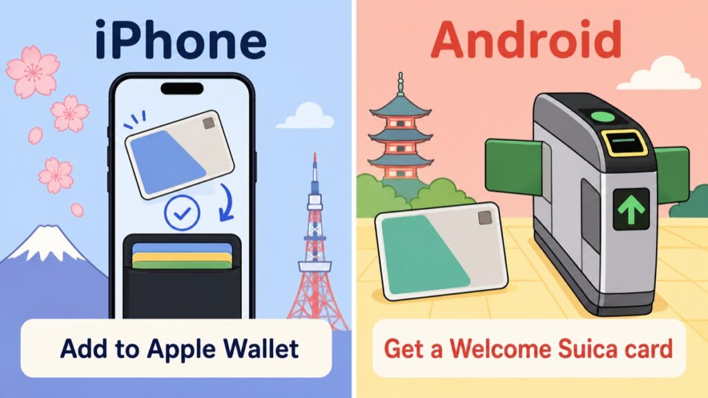 Colorful pastel comparison diagram: iPhone users add Suica to Apple Wallet, Android users get a physical Welcome Suica card