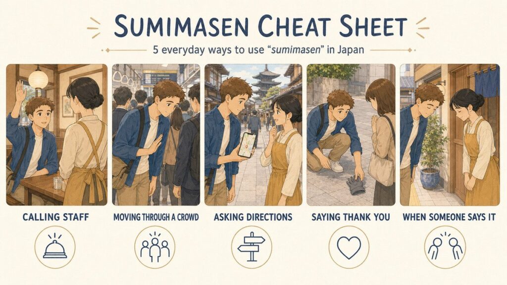 Sumimasen cheat sheet infographic showing five travel situations