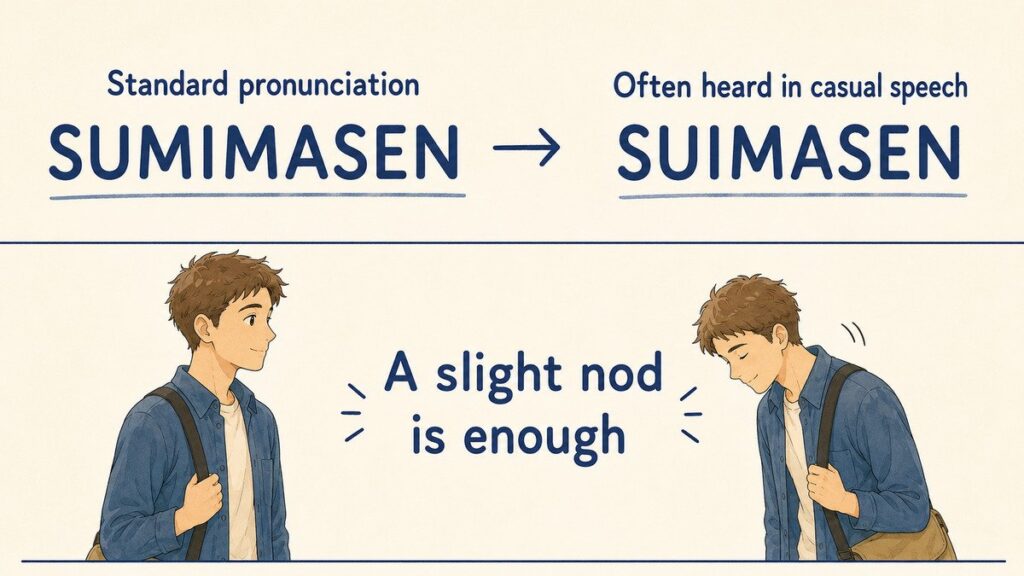 Diagram showing sumimasen pronunciation and how to give a polite nod
