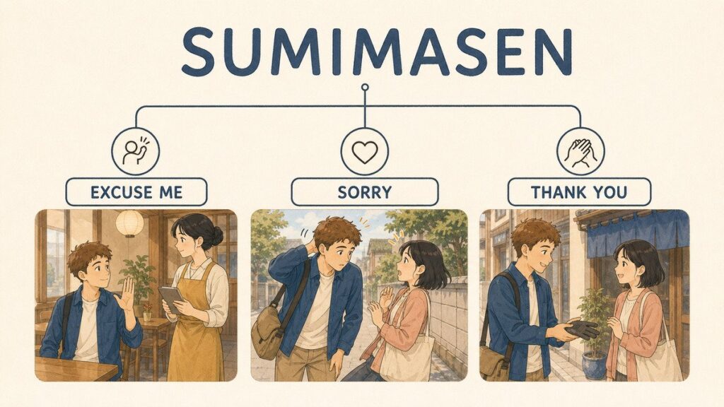 Diagram of the three meanings of sumimasen - excuse me, sorry and thank you