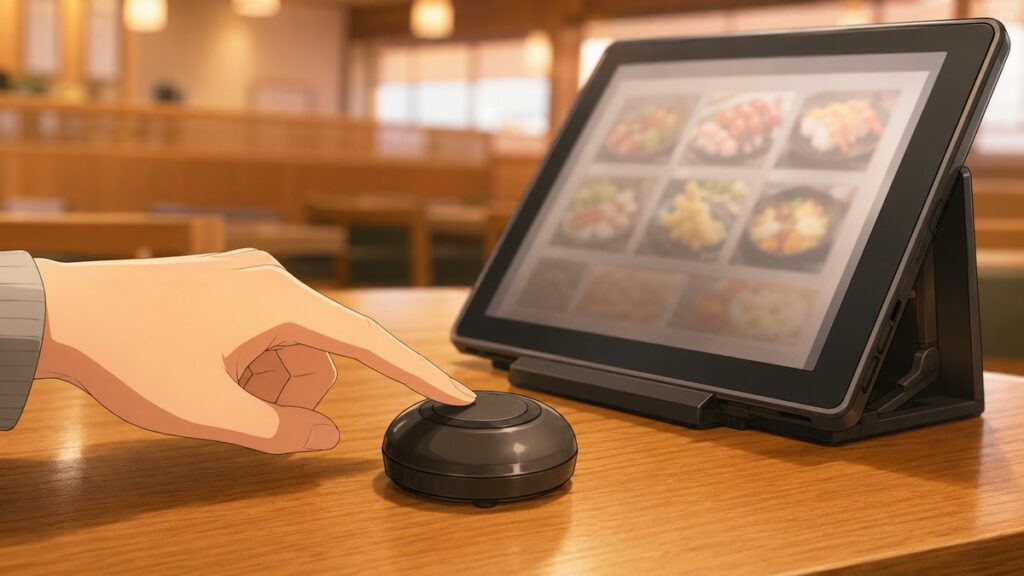 Table call button and ordering tablet at a Japanese restaurant