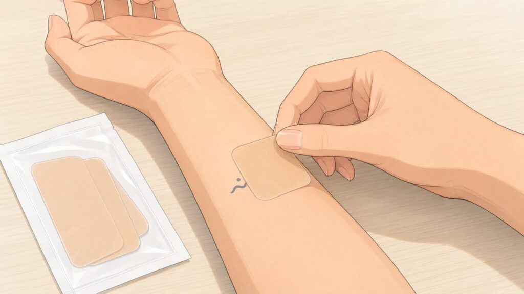 Waterproof cover sticker being applied over a small tattoo