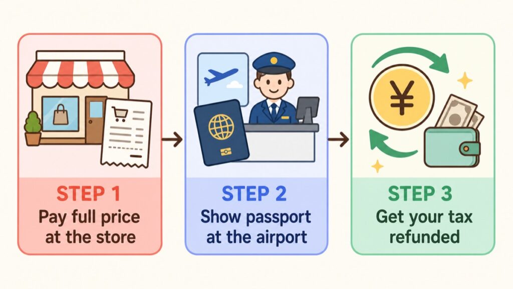 Colorful pastel diagram showing Japan's new tax-free refund in three steps: pay at the store, show passport at the airport, get the tax refunded