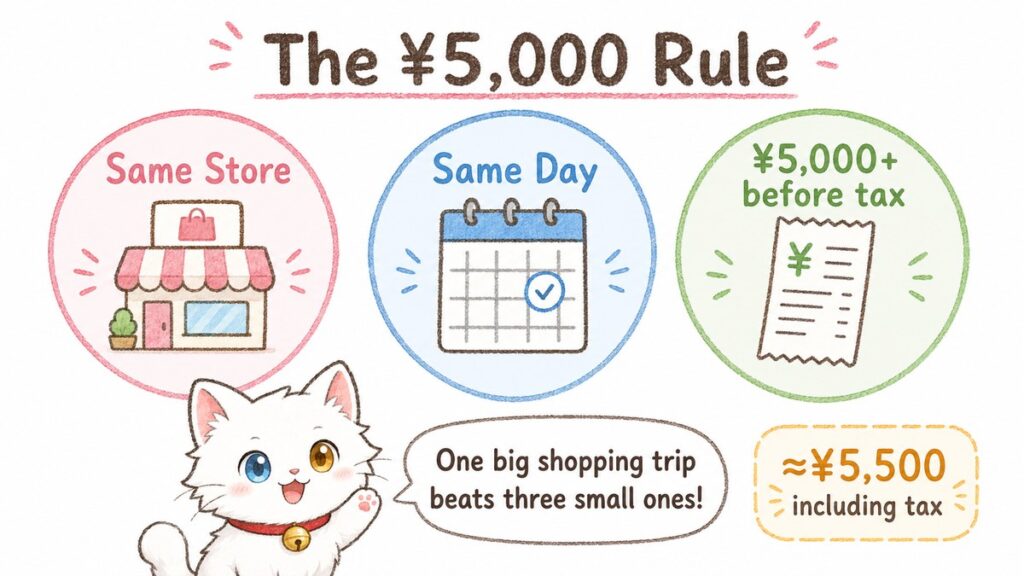 Diagram of Japan's tax-free minimum: same store, same day, 5,000 yen before tax