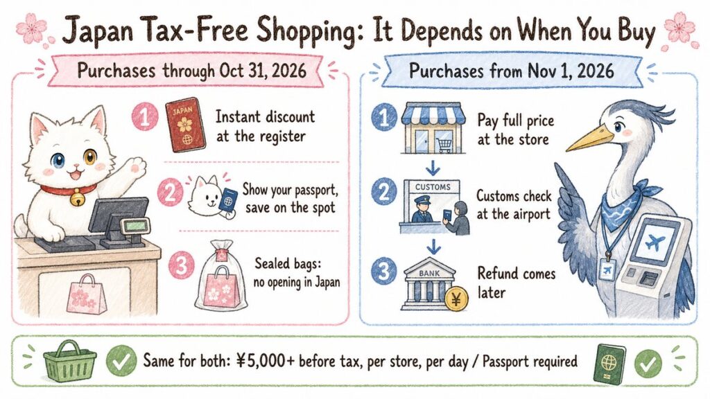Overview diagram comparing Japan tax-free shopping before and after November 1, 2026