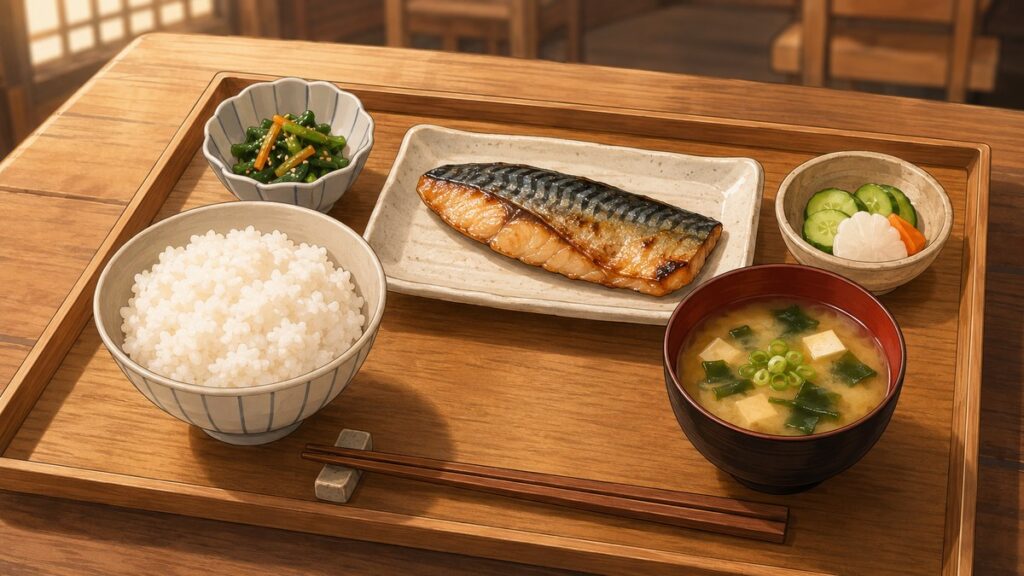 Japanese teishoku set meal with rice, miso soup and side dishes