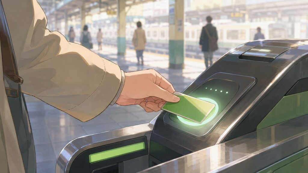 A traveler tapping an IC card at a Japanese train station ticket gate