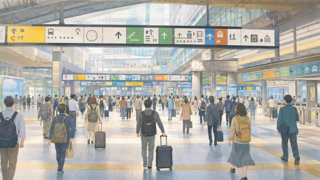 Inside a busy Tokyo train station with direction signs overhead