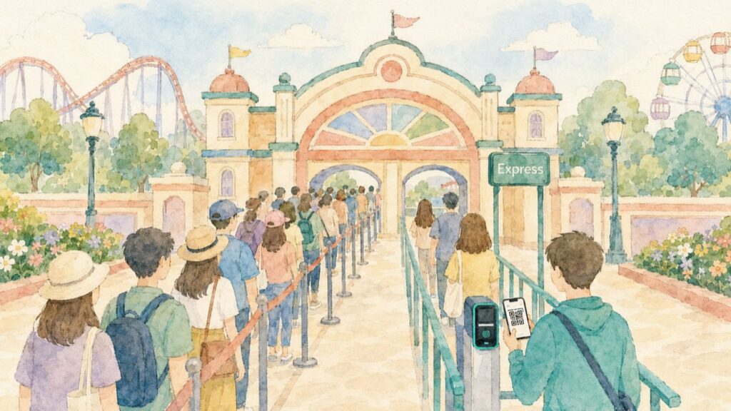Watercolor illustration of an Express Pass lane at a theme park ride entrance