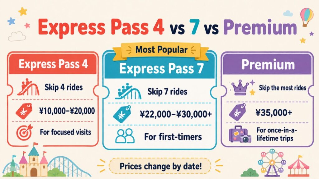 Comparison infographic of USJ Express Pass 4, 7 and Premium with prices and features