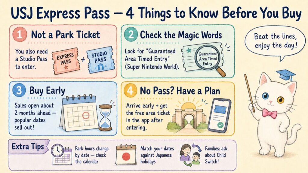 Summary infographic of four things to know before buying a USJ Express Pass