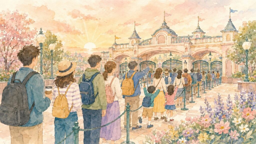 Watercolor illustration of visitors lining up at a theme park gate in the early morning
