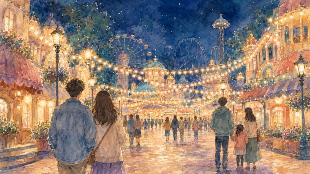 Watercolor illustration of a theme park at night with glowing lights