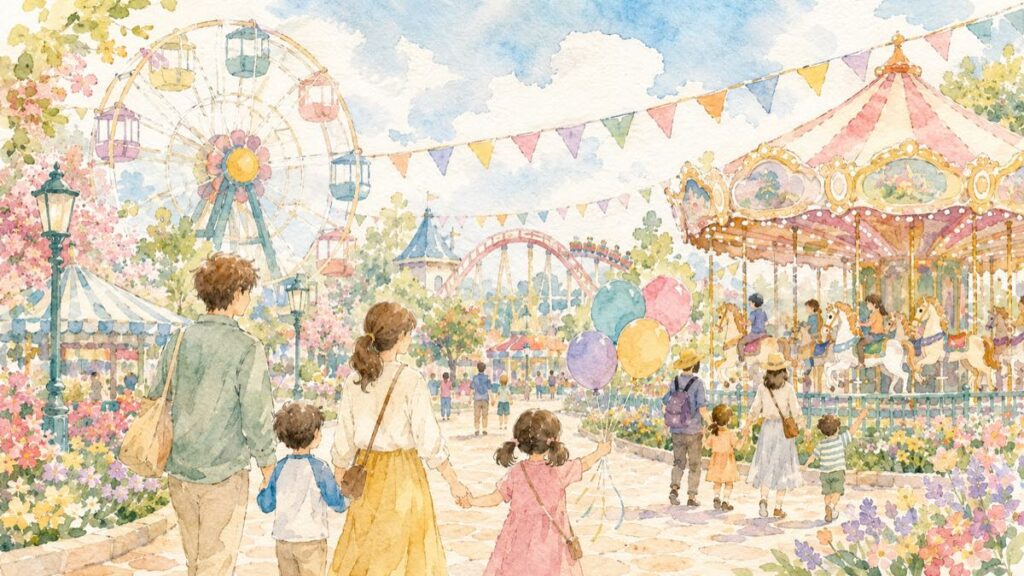 Watercolor illustration of families enjoying a colorful theme park on a sunny day