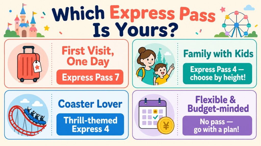 Infographic chart showing which USJ Express Pass to buy for four traveler types