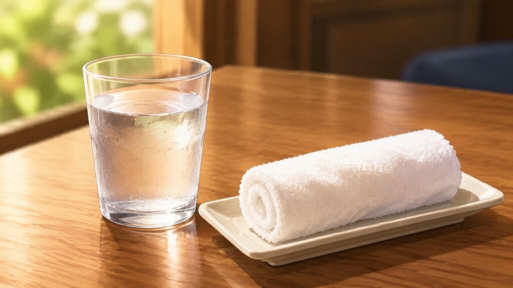 Free water and rolled oshibori hand towel at a Japanese restaurant